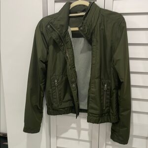 ATHLETA Dark Olive Green Lightweight Rain Jacket with Zipper, Buttons and Hood